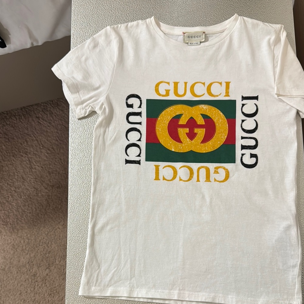 Gucci White Tee with Green and Red Logo